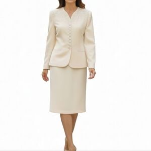 Kasper ASL Wool Skirt Suit Size 8P Light Yellow Zip Snap Embroidered Blazer